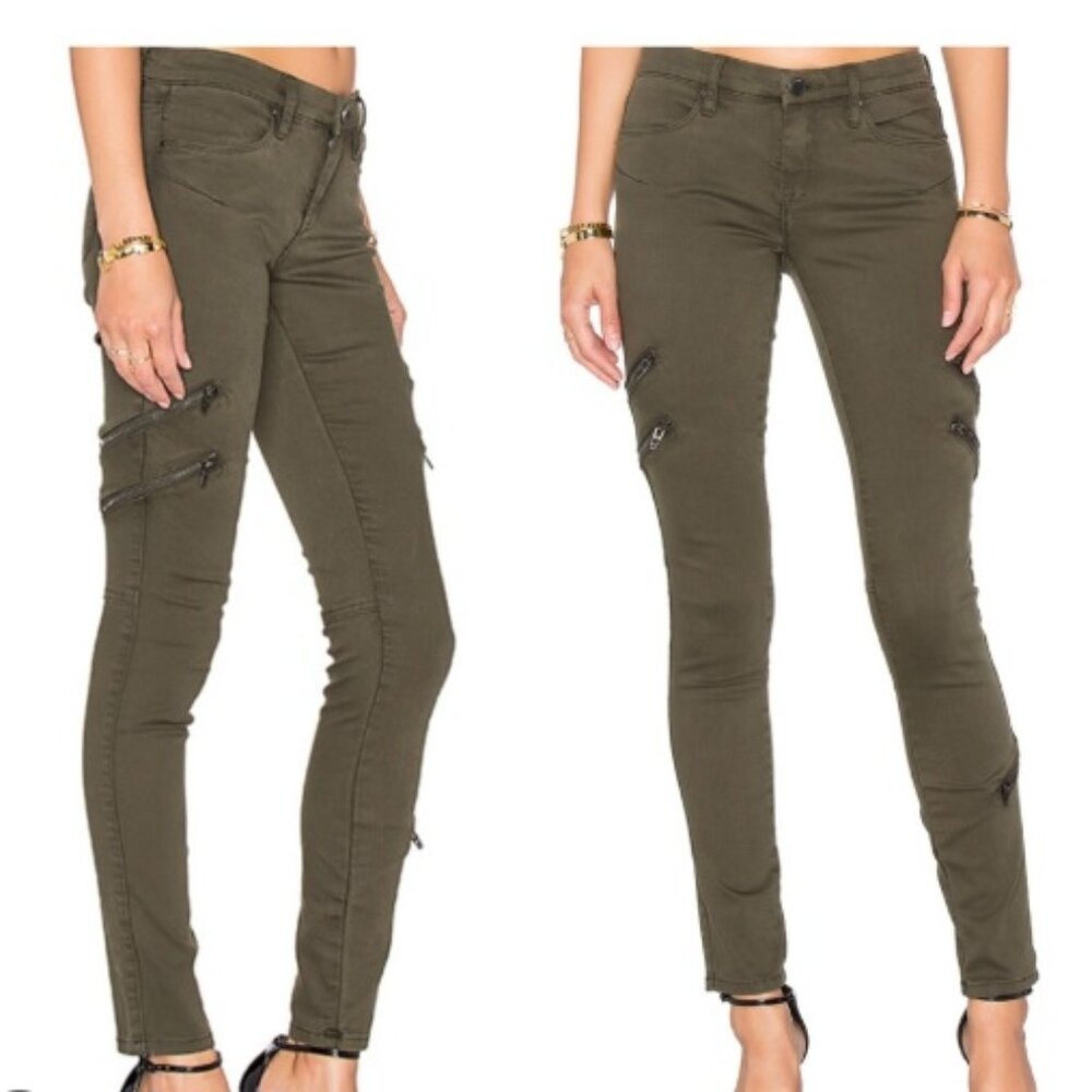 BlankNYC Moto Utility Pants Sz 27 Olive Military Green Y2K Skinny Zippers Biker